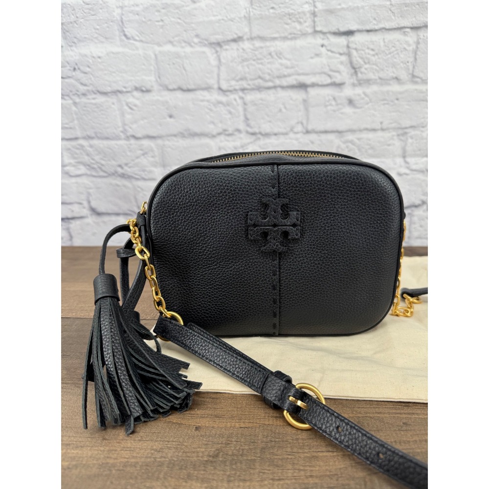 Tory Burch McGraw Camera Bag Black Pebbled Leather Crossbody Gold Classic